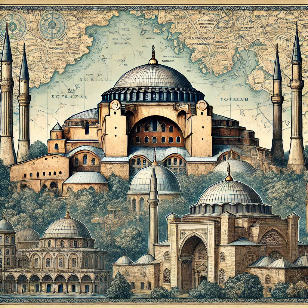 An intricate illustration of Hagia Sophia, the Blue Mosque, and Topkapi Palace, showcasing their architectural beauty against a backdrop of a historic map of Istanbul.