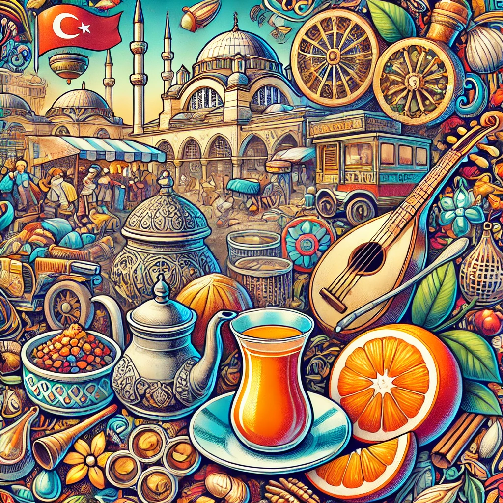 A vibrant illustration featuring elements of Turkish culture such as a tea set, spices, traditional musical instruments, and a bustling market scene.