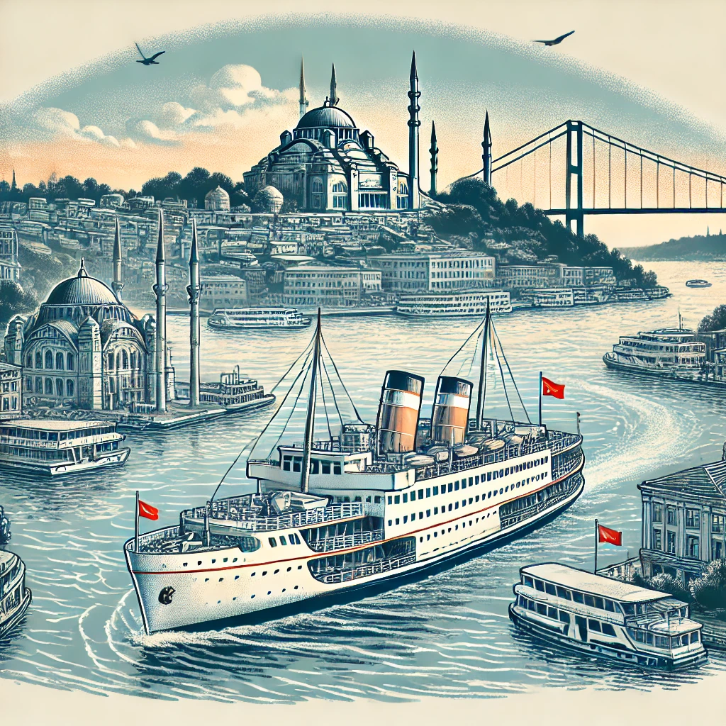 A scenic illustration of a cruise ship on the Bosphorus, with the cityscape of Istanbul, bridges, and palaces visible in the background.