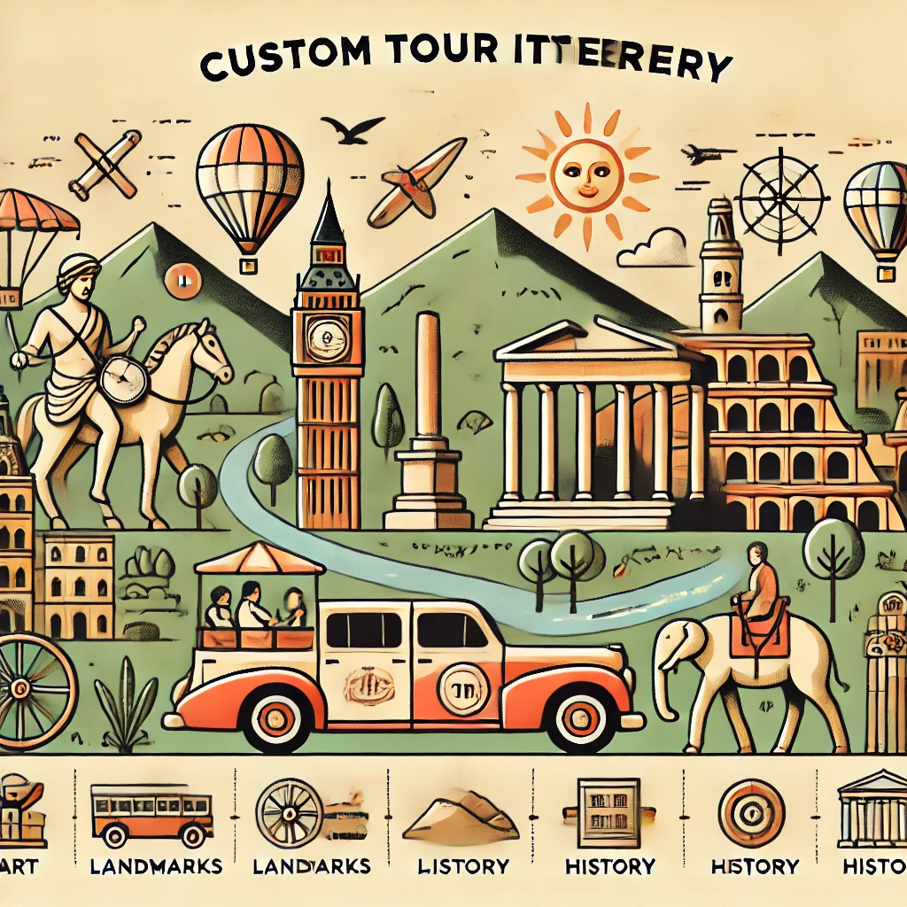 An illustration depicting a custom tour itinerary with landmarks, art, history icons, and an adventurous landscape, highlighting the diverse possibilities of personalized tours.